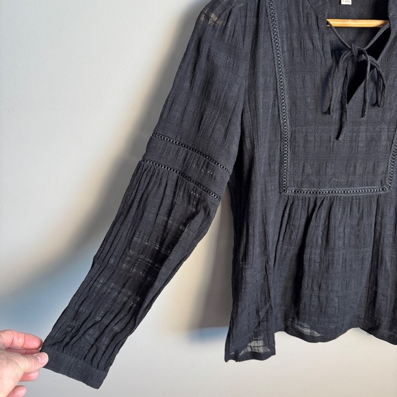 LOFT Women's Small Sheer Blouse Long Sleeve Tie V-Neck Boho Whimsigoth‎ Black - Picture 2 of 14